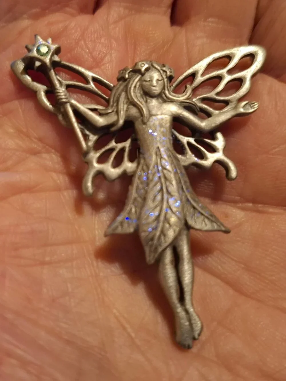 Vintage JJ Pewter Fairy with Wand & Sparkles Brooch Pin